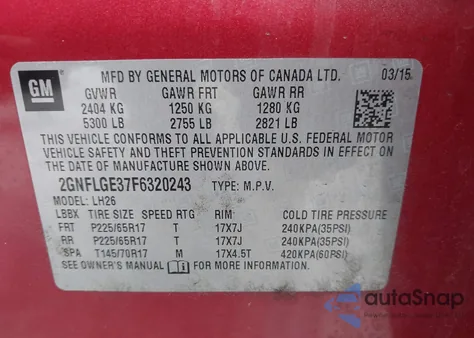 2015 Chevrolet Equinox 2Lt из США, поврежденный, VIN 2GNFLGE37F6320243